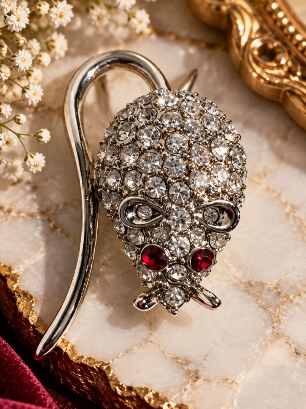Sparkling Rhinestone Mouse Brooch with Red Eyes
